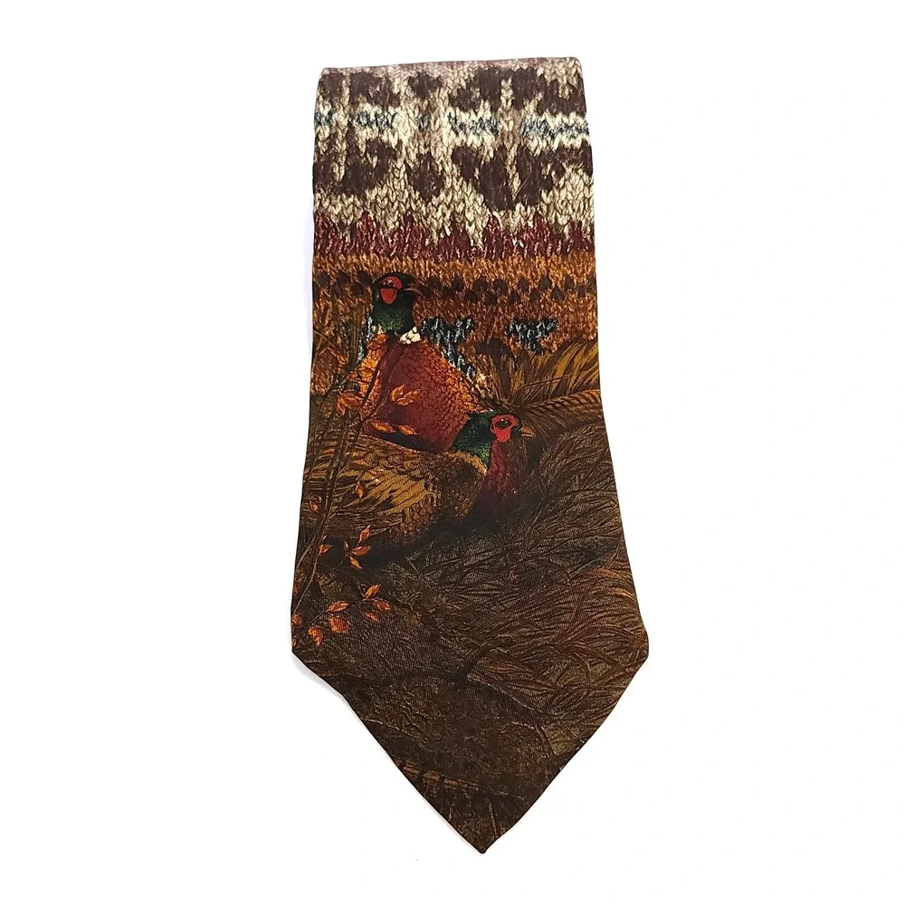 Vintage 90s Polo Ralph Lauren  Pheasant Bird Silk Neck Tie Brown Hand Made USA